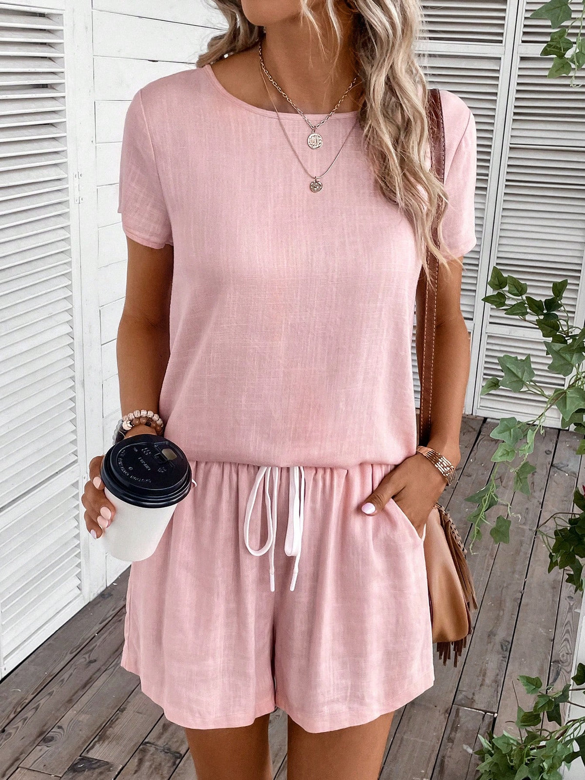 Solid Blouse & Slant Pocket Shorts