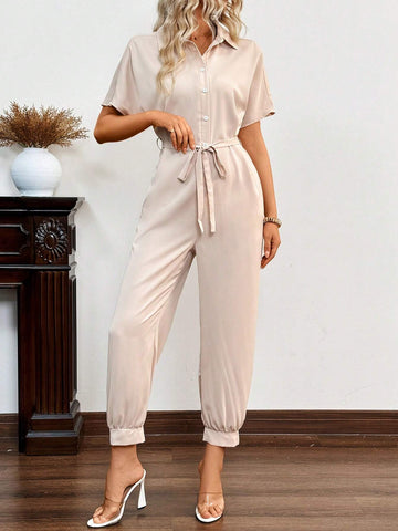 Solid Button Front Belted Shirt Jumpsuit