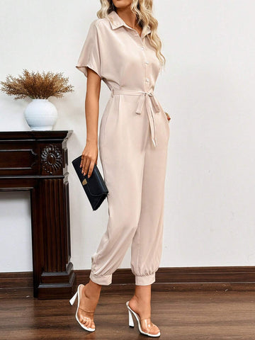 Solid Button Front Belted Shirt Jumpsuit