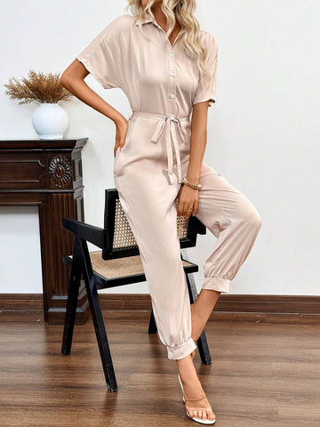 Solid Button Front Belted Shirt Jumpsuit