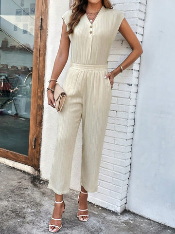 Solid Button Front Top & Pants