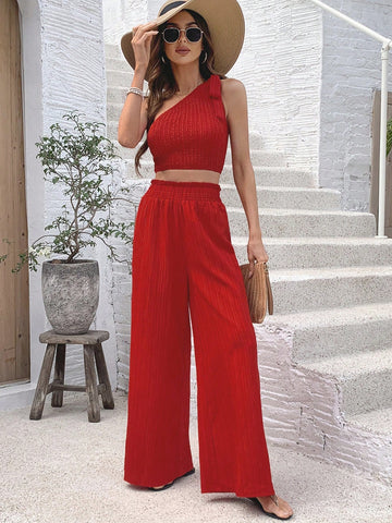 Solid Color Asymmetrical Neckline Top And Wide Leg Pants