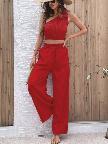 Solid Color Asymmetrical Neckline Top And Wide Leg Pants