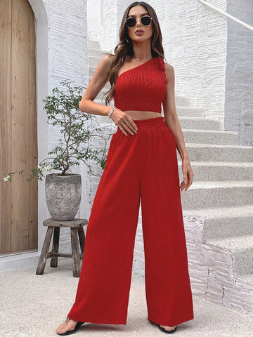 Solid Color Asymmetrical Neckline Top And Wide Leg Pants