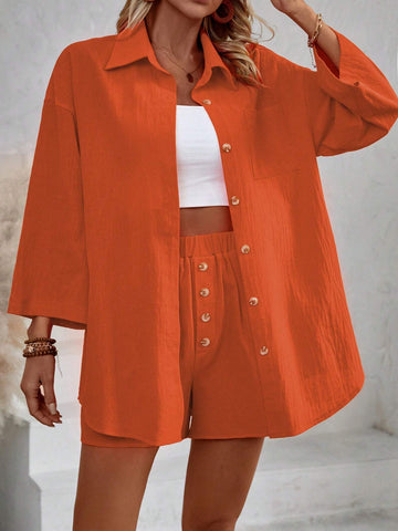 Solid Color Button Down Shirt With Patch Pocket And Shorts