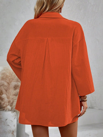 Solid Color Button Down Shirt With Patch Pocket And Shorts