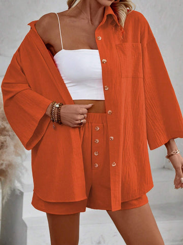 Solid Color Button Down Shirt With Patch Pocket And Shorts