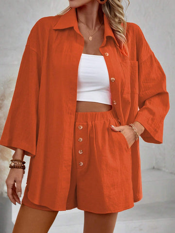 Solid Color Button Down Shirt With Patch Pocket And Shorts