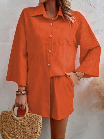 Solid Color Button Down Shirt With Patch Pocket And Shorts