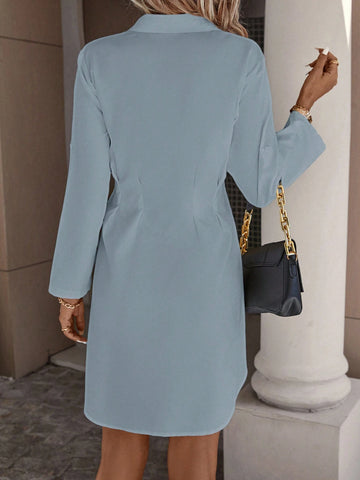 Solid Color Button Front Belted Shirt Dress