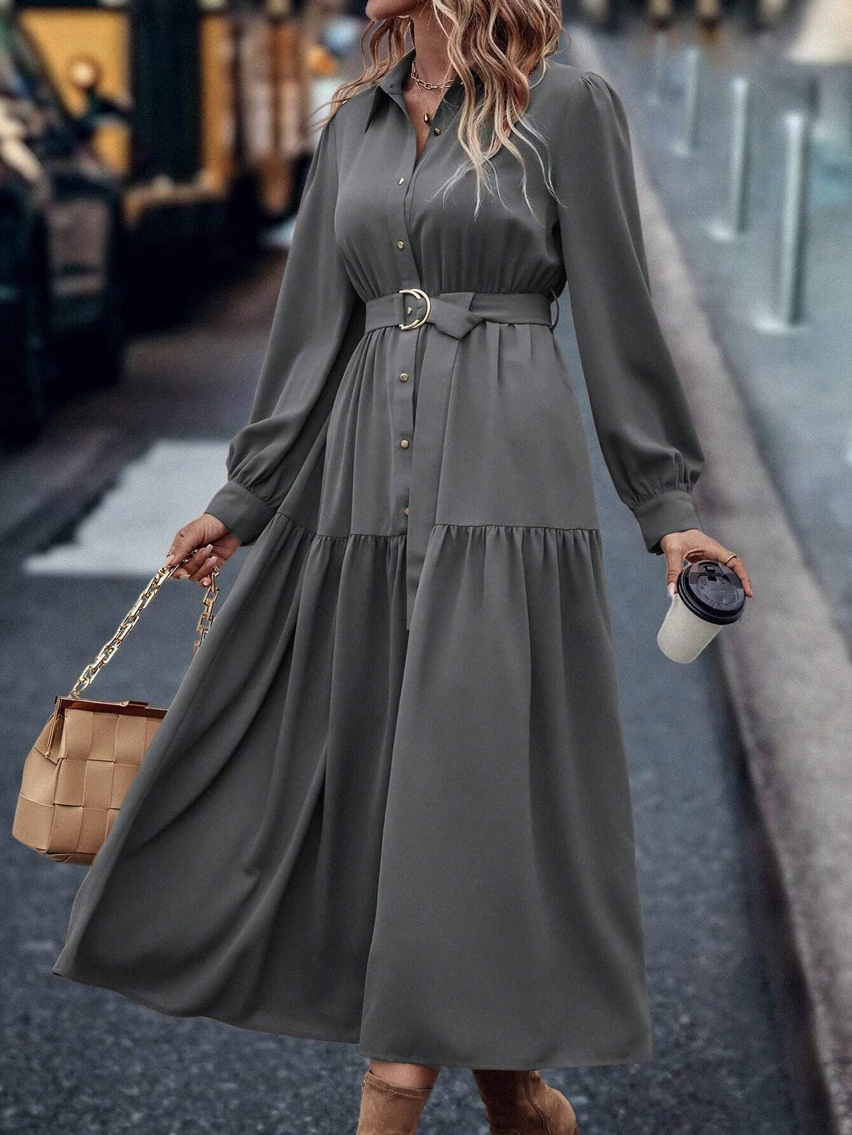 Solid Color Button Front Lantern Sleeve Shirt Dress
