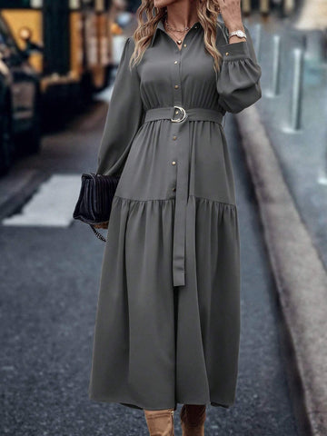 Solid Color Button Front Lantern Sleeve Shirt Dress