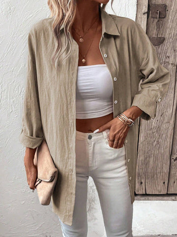 LUNE Solid Color Button Front Roll-Up Sleeve Casual Shirt