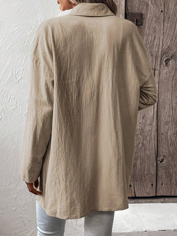 LUNE Solid Color Button Front Roll-Up Sleeve Casual Shirt