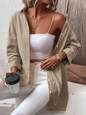 LUNE Solid Color Button Front Roll-Up Sleeve Casual Shirt