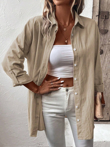 LUNE Solid Color Button Front Roll-Up Sleeve Casual Shirt