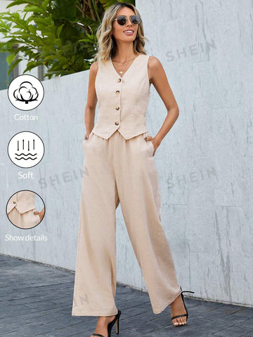 Solid Color Buttoned Vest And Slanted Pocket Wide Leg Pants
