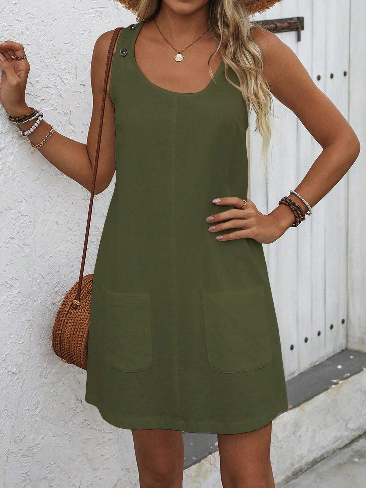 Solid Color Casual Sleeveless Round Neck Dress