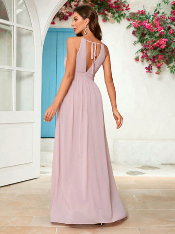 Solid Color Chiffon Bridesmaid Dress With Side Slit And Waist Tie