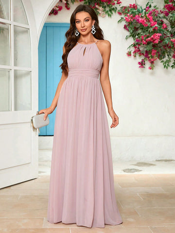 Solid Color Chiffon Bridesmaid Dress With Side Slit And Waist Tie