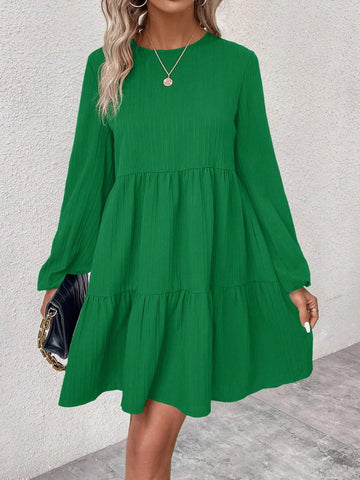 Solid Color Crew Neck Ruffle Hem Long Sleeve Dress
