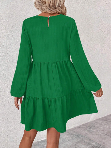 Solid Color Crew Neck Ruffle Hem Long Sleeve Dress