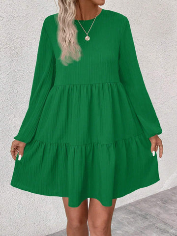 Solid Color Crew Neck Ruffle Hem Long Sleeve Dress