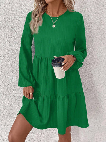 Solid Color Crew Neck Ruffle Hem Long Sleeve Dress