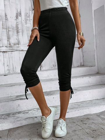 LUNE Solid Color Drawstring Footed Leggings