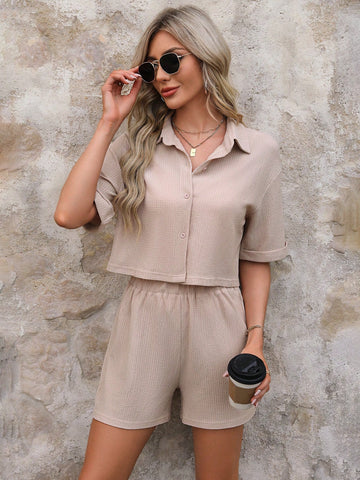 Solid Color Drop Shoulder Sleeve Shirt And Shorts Set