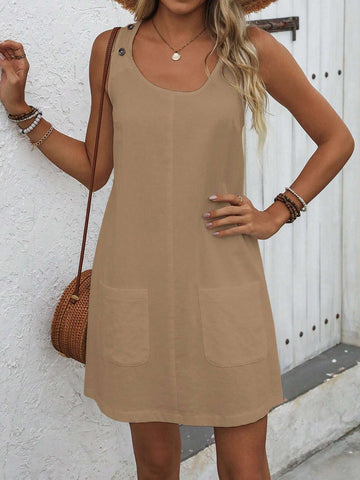 Solid Color Dual Pocket Casual Cami Dress SKU: sz2407228690289684 AED40.41