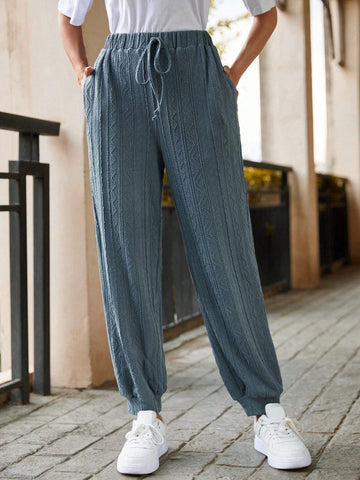 LUNE Solid Color Elastic Waist Casual Pants