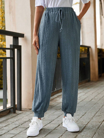 LUNE Solid Color Elastic Waist Casual Pants