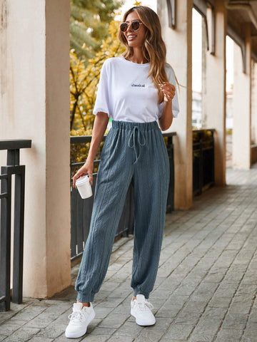 LUNE Solid Color Elastic Waist Casual Pants
