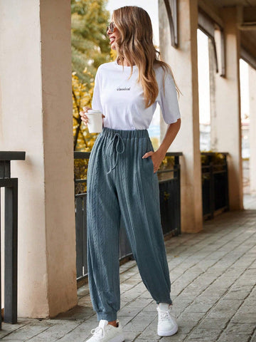 LUNE Solid Color Elastic Waist Casual Pants