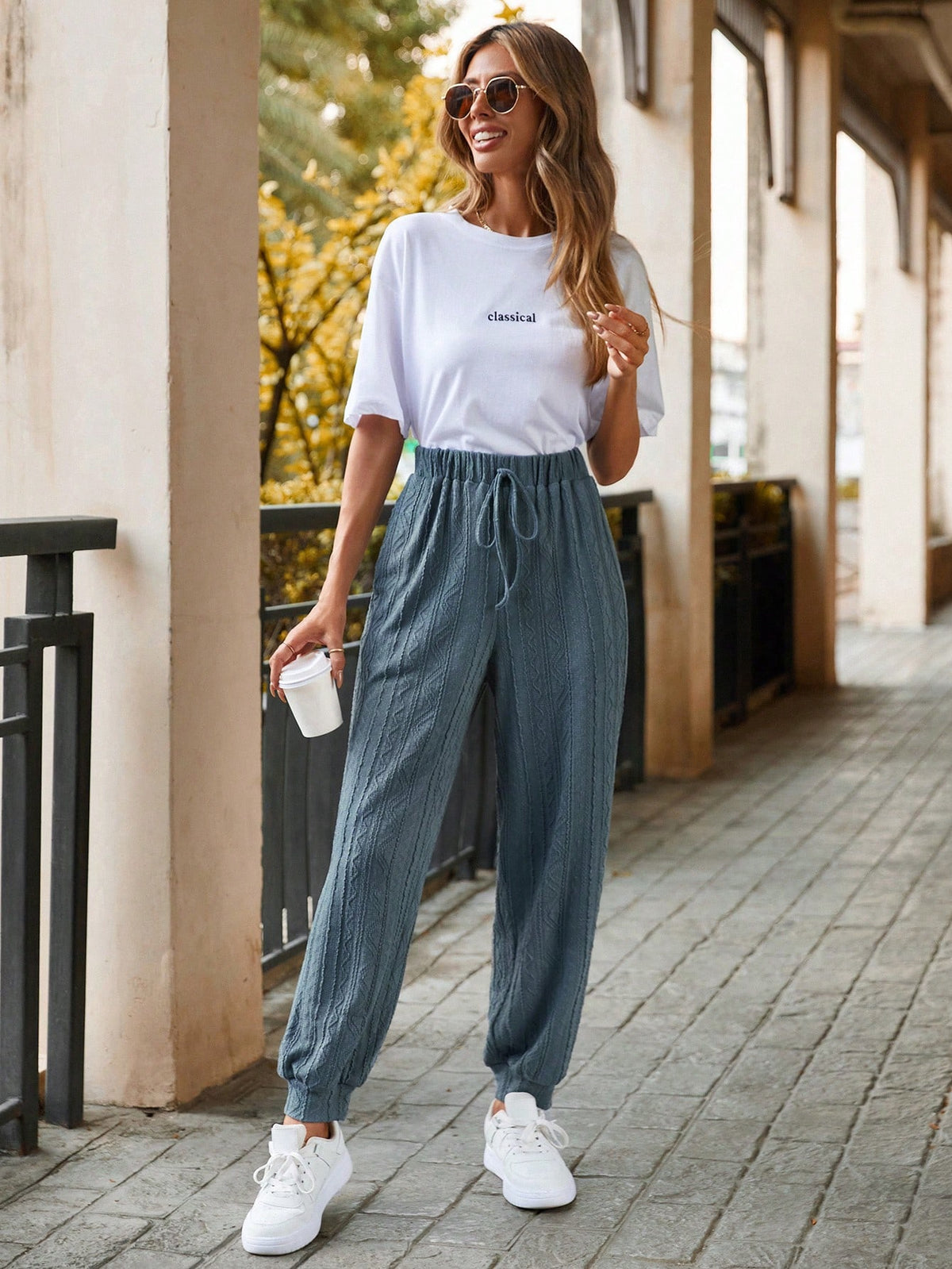 LUNE Solid Color Elastic Waist Casual Pants