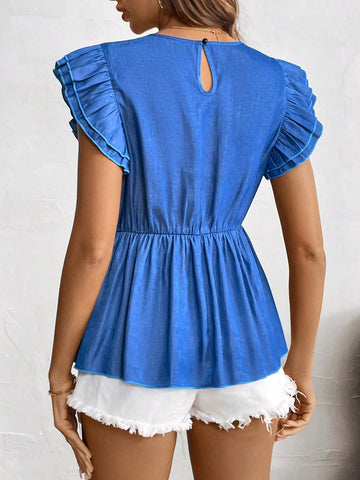 LUNE Solid Color Elegant Short Sleeve Shirt With Round Neckline For Summer