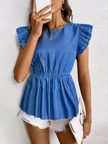 LUNE Solid Color Elegant Short Sleeve Shirt With Round Neckline For Summer