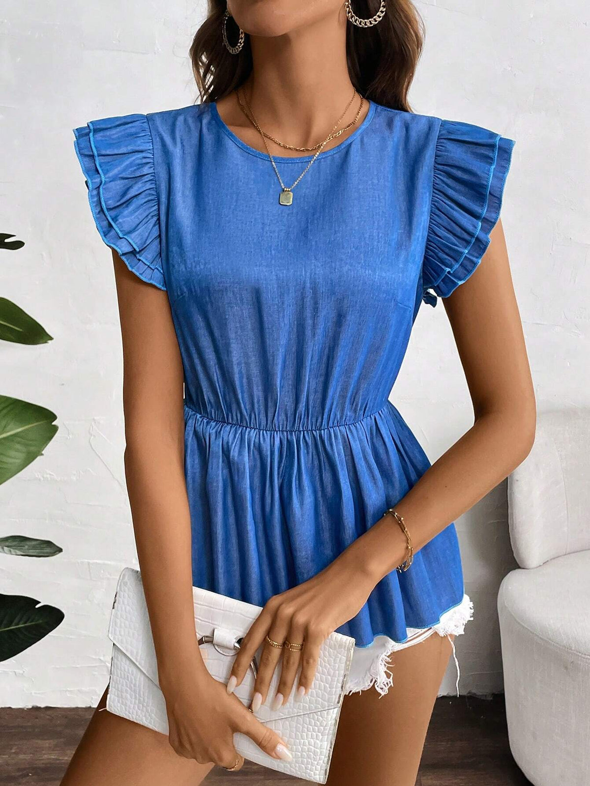 LUNE Solid Color Elegant Short Sleeve Shirt With Round Neckline For Summer
