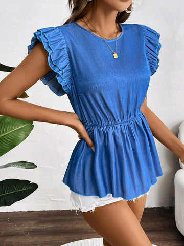 LUNE Solid Color Elegant Short Sleeve Shirt With Round Neckline For Summer