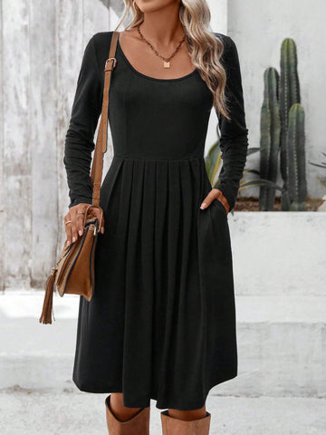 Solid Color Fold Pleated Women's Casual Long Sleeve Daily Dress With Pockets