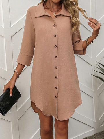 Solid Color Front Button Casual Polo Neck Dress