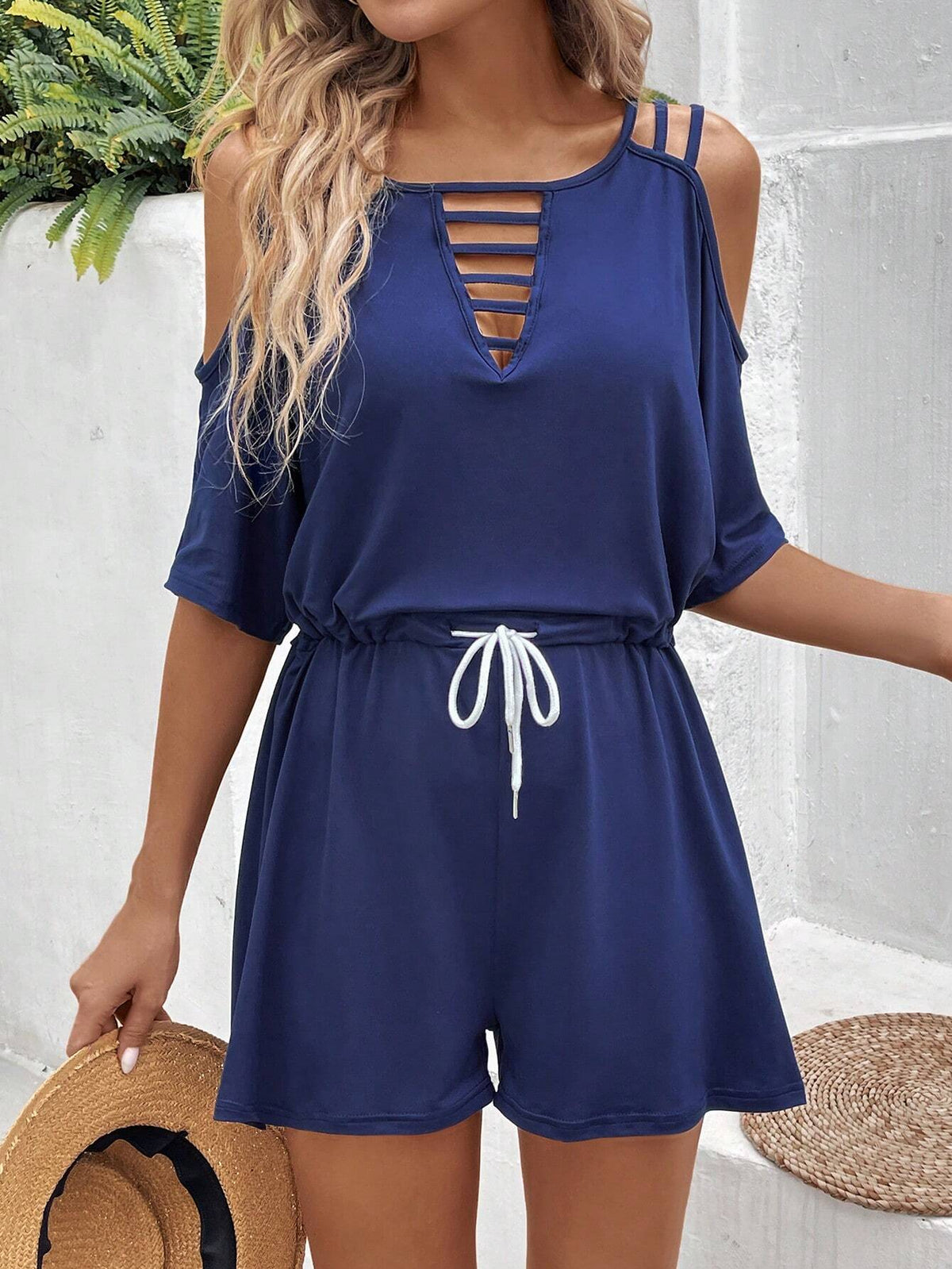 Solid Color Hollow Out Off-Shoulders Drawstring Waist Jumpsuit