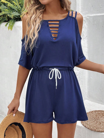 Solid Color Hollow Out Off-Shoulders Drawstring Waist Jumpsuit
