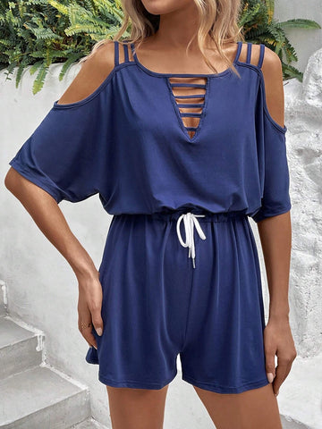 Solid Color Hollow Out Off-Shoulders Drawstring Waist Jumpsuit