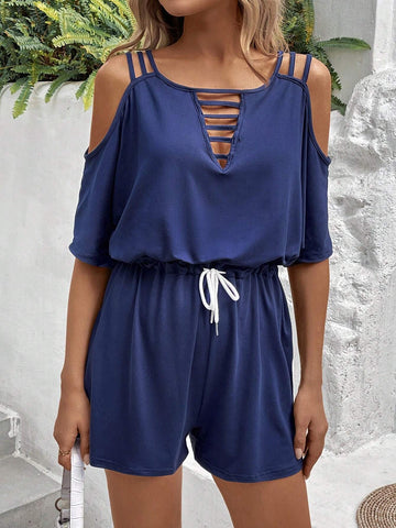 Solid Color Hollow Out Off-Shoulders Drawstring Waist Jumpsuit
