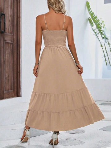 Solid Color Hollow Out Ruffle Hem Pleated Bust Cami Dress