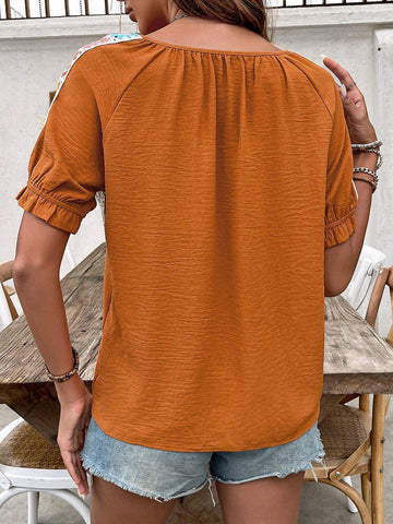 LUNE Solid Color Lace-Up Collar Summer Casual Short Sleeve Shirt