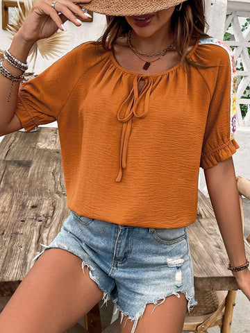 LUNE Solid Color Lace-Up Collar Summer Casual Short Sleeve Shirt