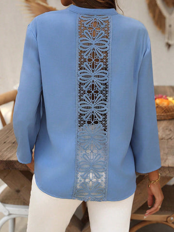 LUNE Solid Color Lace Patchwork Button-Up Shirt With Pocket And Notched Collar For Summer Casual Wear